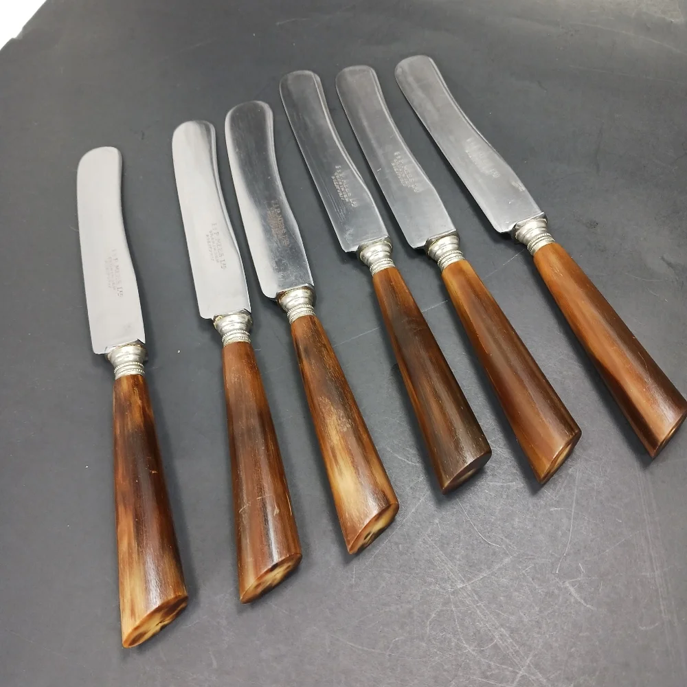 6 Vintage Dutch Antler/Horn Handle Sharp DINNER KNIVES EUC